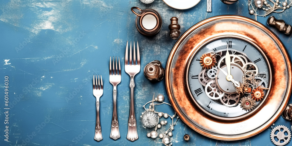 Aufkleber a christmas table setting was placed on a blue background - generative ai.
