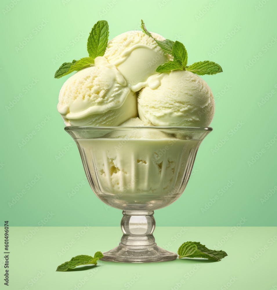 Poster bowl of vanilla ice cream isolated on light green background. from top view created with generative 