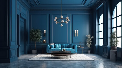 Fototapeta premium Modern interior of living room, concept of classic blue color. Generative Ai