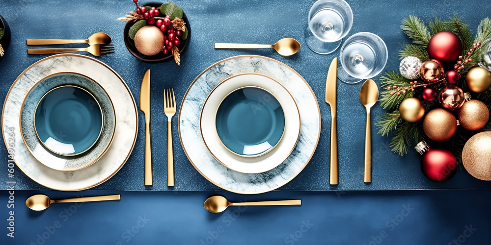 Aufkleber a christmas table place setting was set up on a blue background - generative ai.
