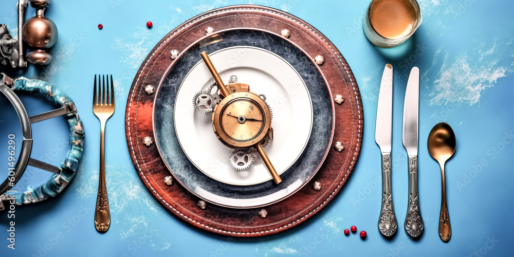Poster a blue background was used to create a christmas table place setting - generative ai.
