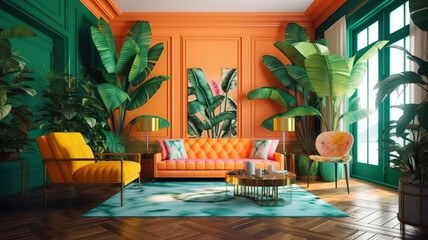 Fototapeta premium Tropical interior, Hawaiian style 3d render, Bright color. Generative Ai