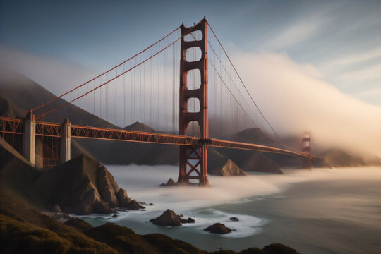 Fog and the Golden Gate Bridge, California. Generative AI