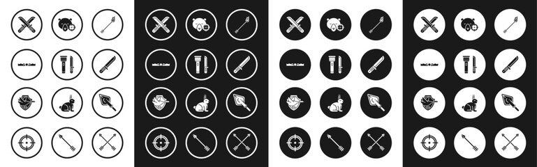 Set Flame arrow, Flashlight and knife, Trap hunting, Crossed hunter, Hunter, on bear with crosshairs, Hipster tip and Flying duck shield icon. Vector