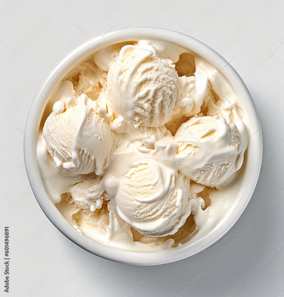 Aufkleber bowl of vanilla ice cream isolated on white background. from top view created with generative ai tec