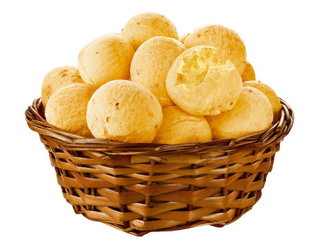 Cesta de vime com deliciosos p&radic;&pound;es de queijo crocantes em fundo transparente - cesta com p&radic;&pound;es de queijo