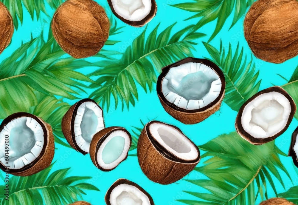 Poster coconut seamless pattern on a blue background. half and whole coconuts. repetition concept. top view