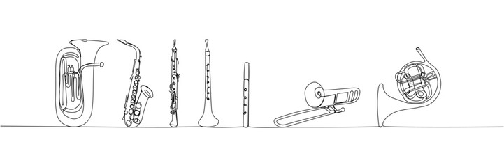 Wind musical instruments set one line art. Continuous line drawing of french horn, tuba, surma, saxophone, ocarina, trumpet, trombone, sopilka, clarinet - obrazy, fototapety, plakaty