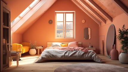 Cozy colored bedroom interior background in attic, 3d render, Bright color. Generative Ai