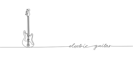 Electric guitar one line art. Continuous line drawing of musical, equipment, song, guitar, electric, melody, rock, volume, chord, bass, acoustic with an inscription, lettering, handwritten.