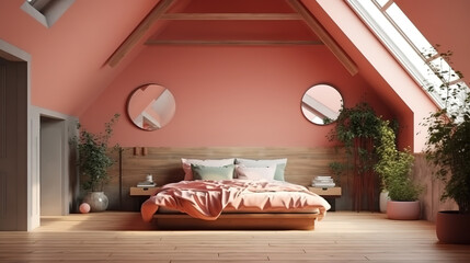 Interior of modern design room with original bed 3d rendering. Generative Ai