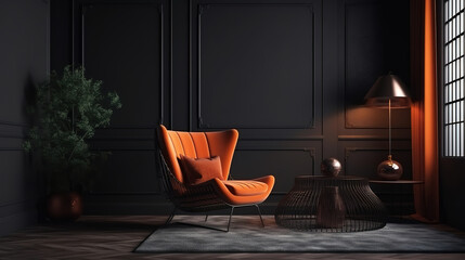 Home interior, modern dark living room with orange armchair. Generative Ai