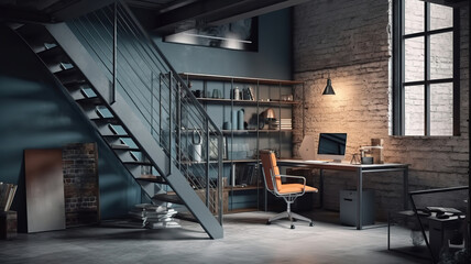 Modern home office interior in loft, industrial style. Generative Ai