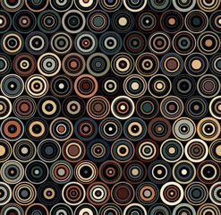 Seamless geometric pattern. A regular grid of vertical and horizontal lines of multicolored concentric circles on a black background. Vintage autumn colors design. Dotted texture. Vector image.