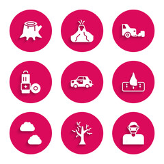 Set Car, Withered tree, Face in protective mask, Deforestation, Cloud, Battery, exhaust and Tree stump icon. Vector