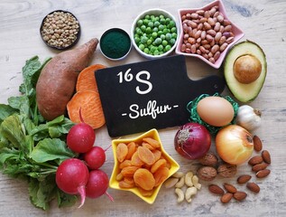 Sulfur rich foods for hair growth. Natural food sources of sulfur with the symbol S and atomic number 16. Healthy food to boost glutathione. Onion, garlic, dried apricot, radishes, nuts, spirulina.
