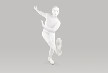 Mysterious person dancing in monochromatic white, skin tight bodysuit. Full length man in white, skintight costume and creepy mask of anthropomorphic android robot dances on light grey background