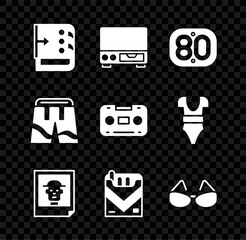 Set Sound mixer controller, Old video cassette player, 80s Retro, Photo, Cigarettes pack box, Glasses, Short or pants and audio tape icon. Vector
