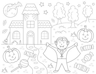 boy, sweets and a halloween house, coloring page for kids. you can print it on 8.5x11 inch paper