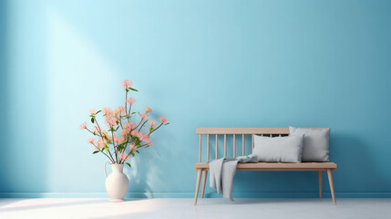 Banco de madera y cojines claros,jarron con flores rosas,  sobre fondo azul.Ilustracion de IA generativa