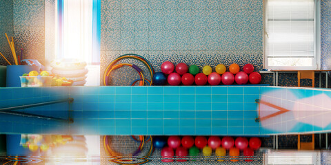 Swimming empty pool with blue tiles interior with special equipment for children training indoor