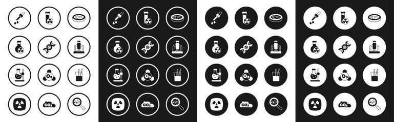 Set Petri dish with bacteria, DNA symbol, Test tube toxic liquid, Pipette, Microscope, Laboratory glassware and flask on stand icon. Vector