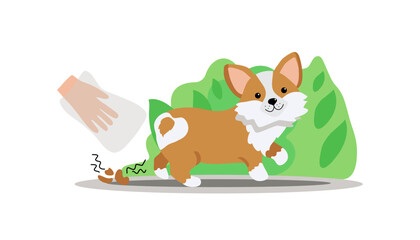 Walking with a pet. Clean up dog poop with a plastic bag and throw it in the trash can.  A way to clean up after your pet during your daily walk. Cute cartoon dog. Corgi breed. Vector illustration.