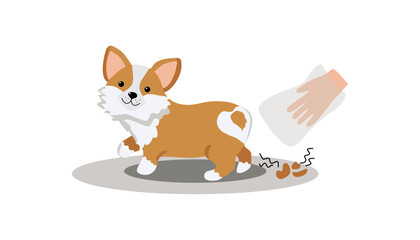 Walking with a pet. Clean up dog poop with a plastic bag and throw it in the trash can.  A way to clean up after your pet during your daily walk. Cute cartoon dog. Corgi breed. Vector illustration.