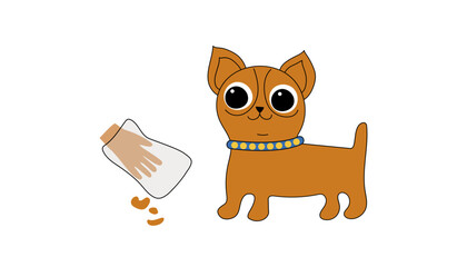 Walking with a pet.  Clean up dog poop with a plastic bag and throw it in the trash can.  A way to clean up after your pet during your daily walk. Cute cartoon dog. Doodle. Vector illustration.