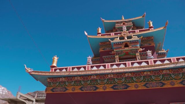 Close up view of Gue Monastery and mountains in background at Gue village, Spiti Valley, India. Buddhist temple in India. 