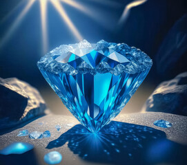 Bright blue diamond on a dark background. Generative AI