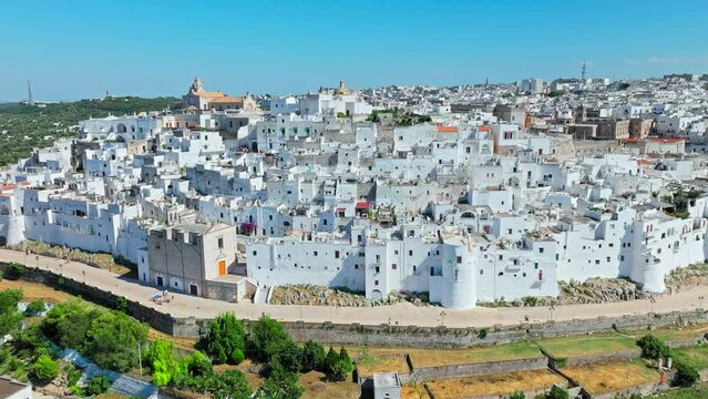 View from above over Ostuni city in Italy&rsquo;s Apulia region. Aerial view of whitewashed old Italian town in Europe.