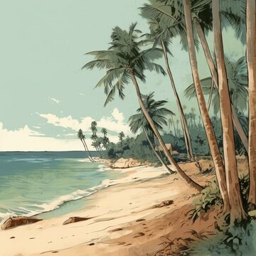 Tropical beach with palm trees and waves, vector illustration. Generative AI