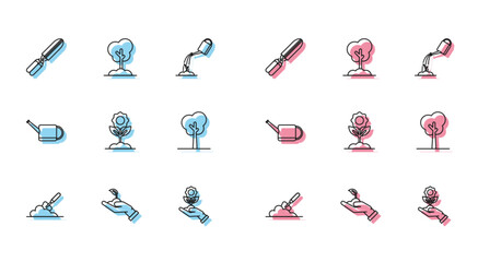 Set line Garden trowel spade or shovel in the ground, Gardening handmade scissors for trimming, Hand holding flower, Flower, Tree, Watering can and icon. Vector