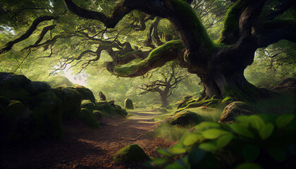 Overview of An Overgrown Ancient Oak Forest Woodland with Moss Lush Conopy AI Generative
