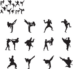 silhouette set, martial arts, jiu jitsu, karate, taekwondo, kung fu, capoeira, fight