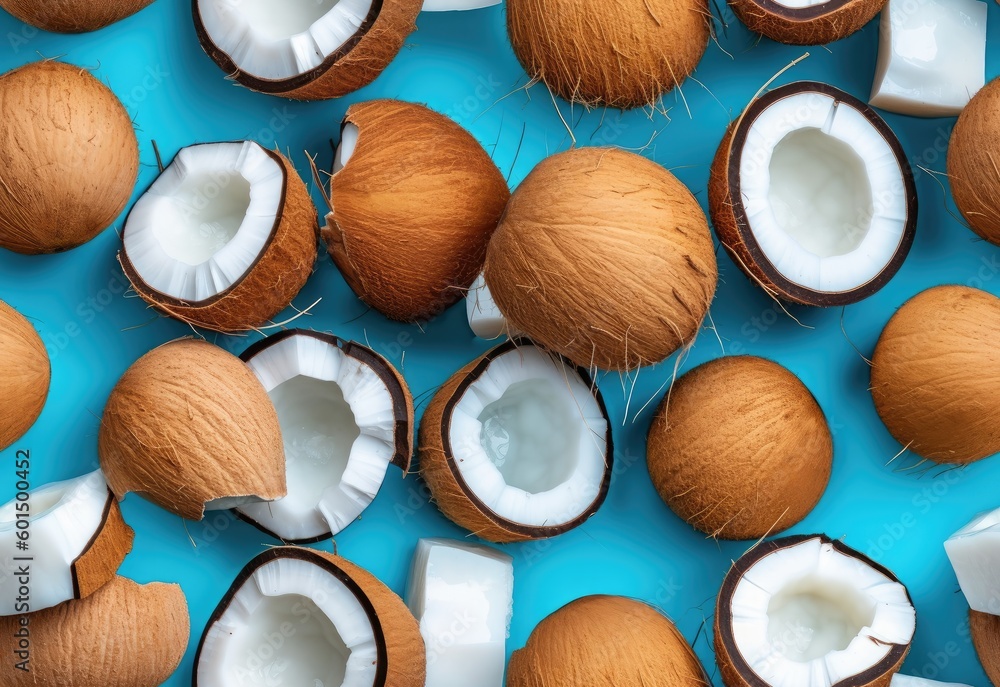 Poster coconut seamless pattern on a blue background. half and whole coconuts. repetition concept. top view