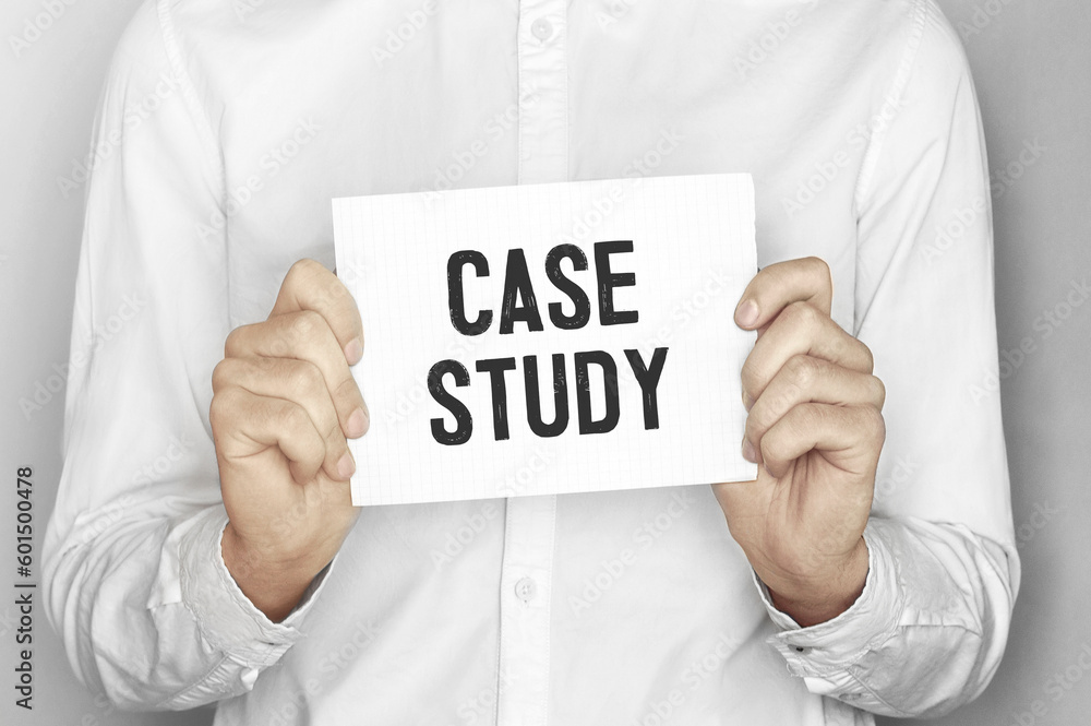Poster man holding a paper card with text case study