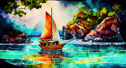 Fototapeta na wymiar Ship On The Sea Beautiful Painting With Artistic on Canvas Oil Painting AI Generative