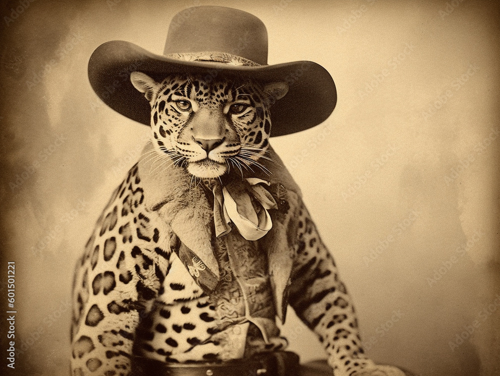 Wall mural an antique photo of a leopard dressed up as a cowboy | generative ai