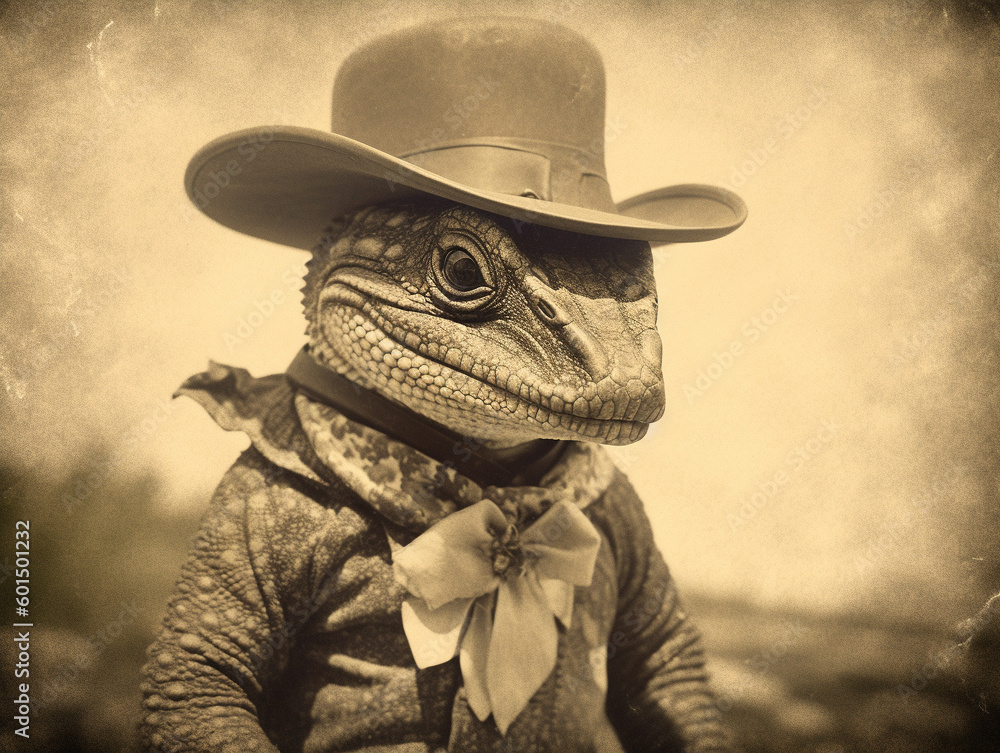 Wall mural an antique photo of a lizard dressed up as a cowboy | generative ai