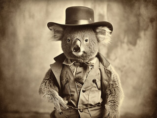 An Antique Photo of a Koala Dressed Up as a Cowboy | Generative AI