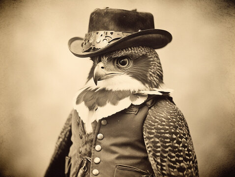 An Antique Photo of a Hawk Dressed Up as a Cowboy | Generative AI