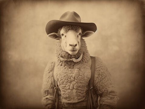 An Antique Photo of a Sheep Dressed Up as a Cowboy | Generative AI