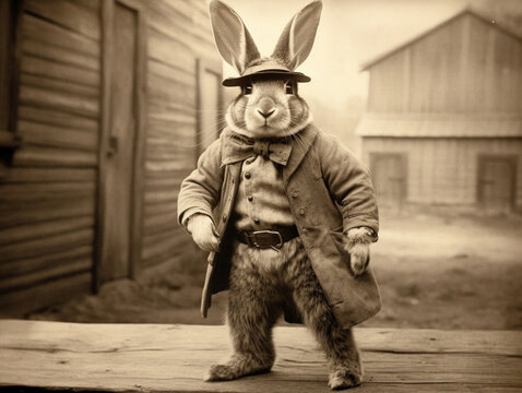 An Antique Photo of a Rabbit Dressed Up as a Cowboy | Generative AI