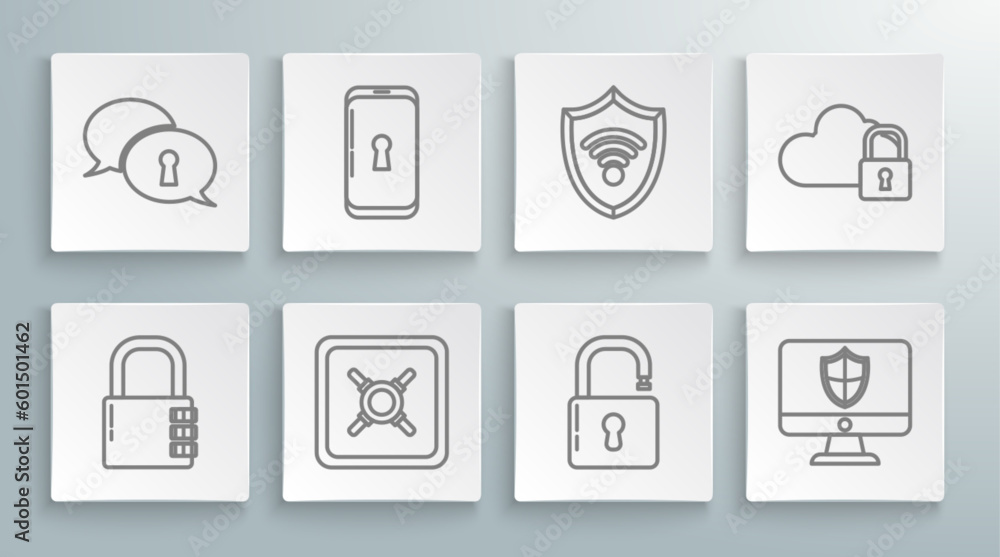 Poster set line safe combination lock, smartphone with, open padlock, computer monitor and shield, shield w