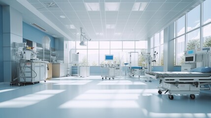 Blurred interior of hospital - abstract medical background. Generative AI - obrazy, fototapety, plakaty