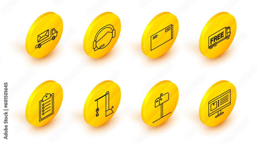 Poster set line computer monitor with app delivery tracking, open mail box, harbor port crane, verification