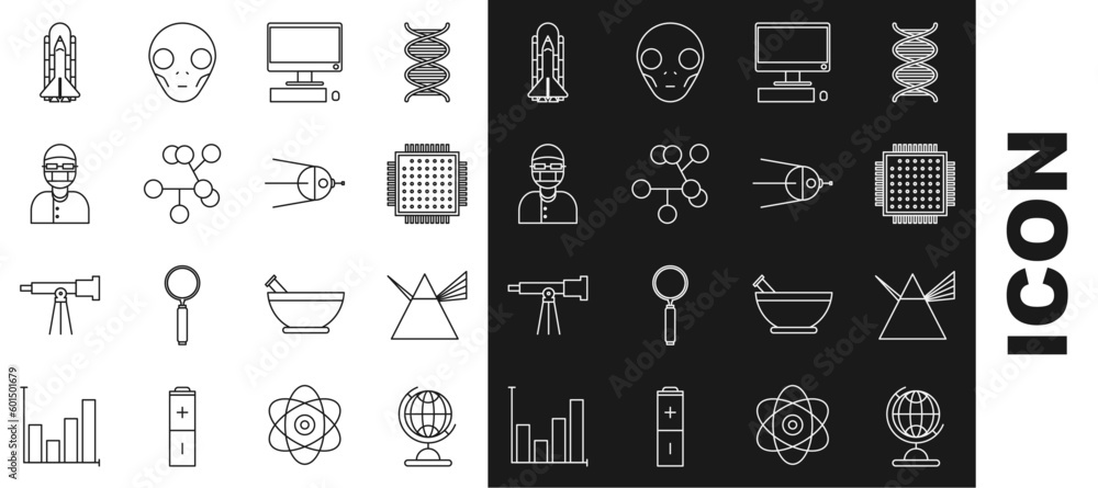Poster set line earth globe, light rays in prism, processor, computer monitor with keyboard and mouse, mole