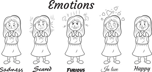 Dibujos vectoriales sin color de una niña que muestra diferentes emociones.